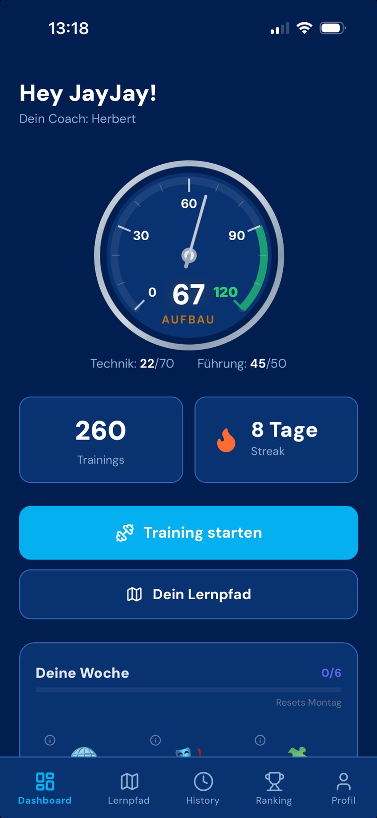Club120 Verk&auml;ufer-Dashboard mit Score, Trainingszahl und Streak