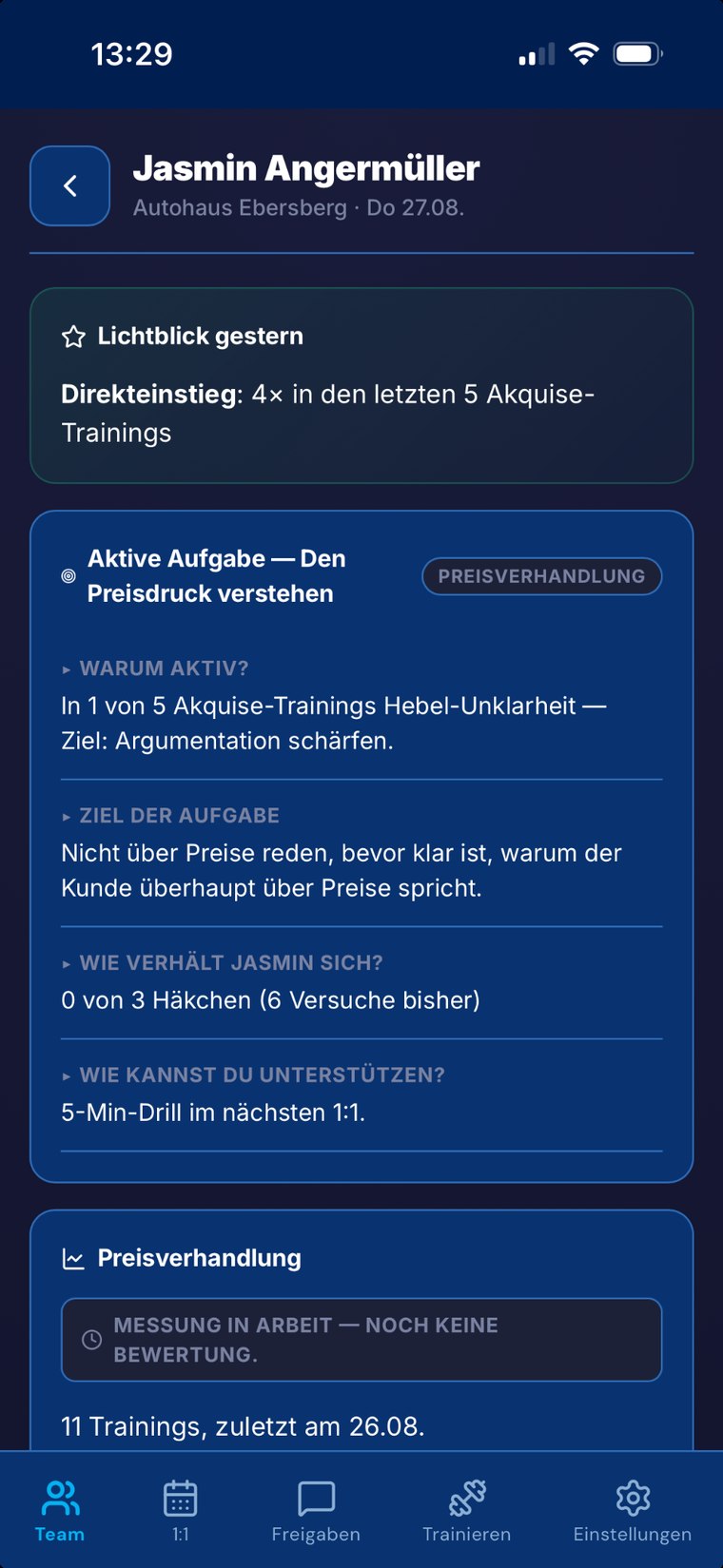 Club120 Verk&auml;ufer-Detailansicht mit aktueller Lernaufgabe